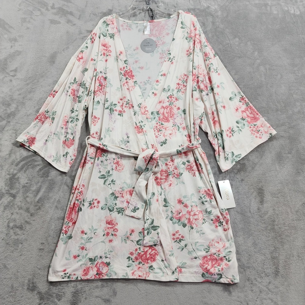 NEW Flora By Flora Nikrooz Robe Womens L White Pink Floral Kimono Belted Jersey